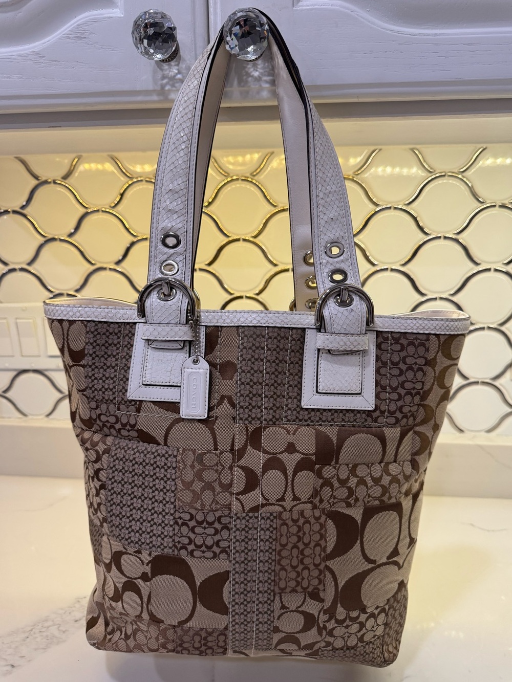 Coach Vintage Patchwork Signature Tote in Brown with Snakeskin White Trim